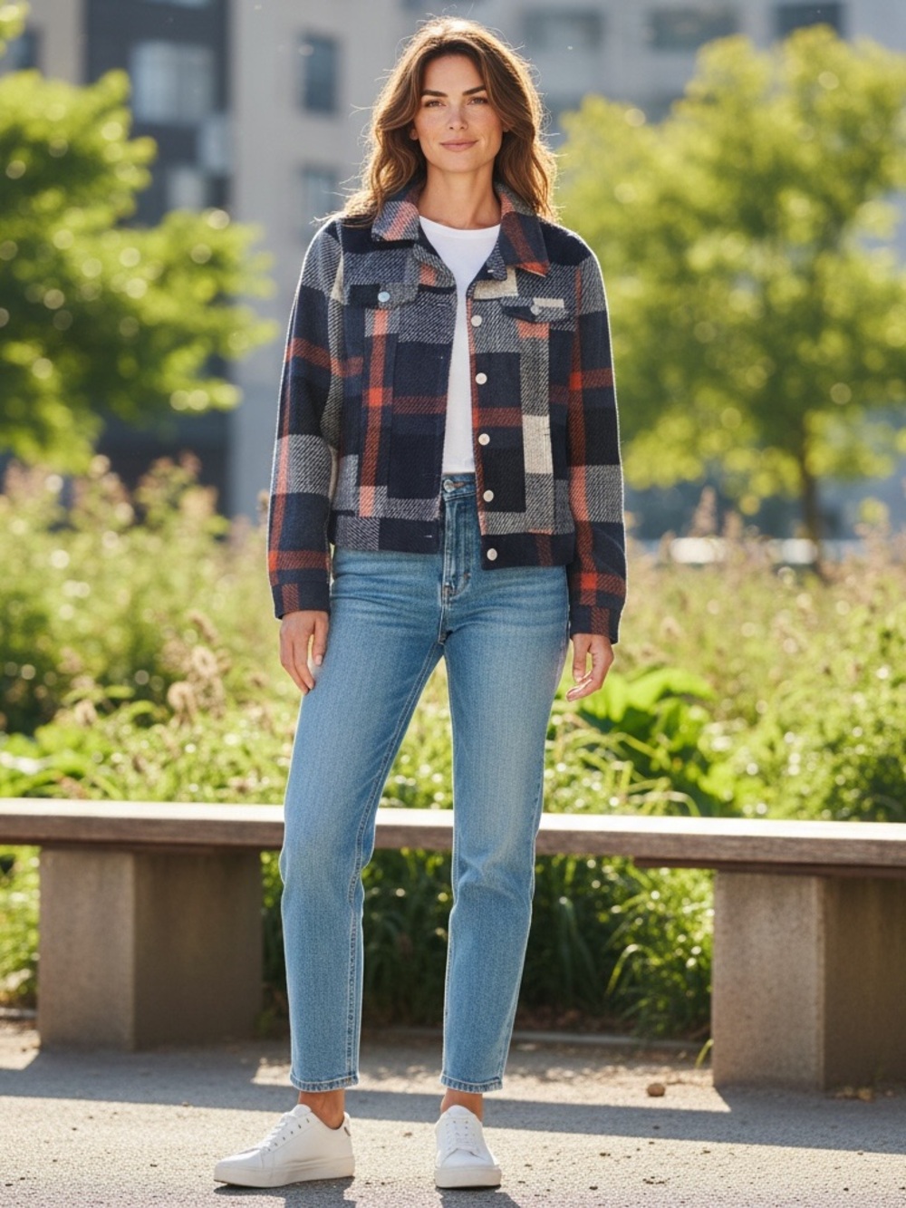 Sky and Sparrow Plaid Button-Front Shacket Jacket - Navy, Gray & Rust